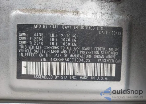 2012 Subaru Legacy 2.5I из США, поврежденный, VIN 4S3BMBA69C3034629